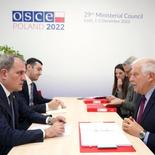 Azeri Foreign Minister Jeyhun Bayramov met with EU Council High Commissioner for Foreign Policy and Security Josep Borrell within the framework of the 29th session of the OSCE Foreign Ministers' Council in Poland, discussing the bilateral agenda and the issue of the settlement of Armenian-Azerbaijani relations.